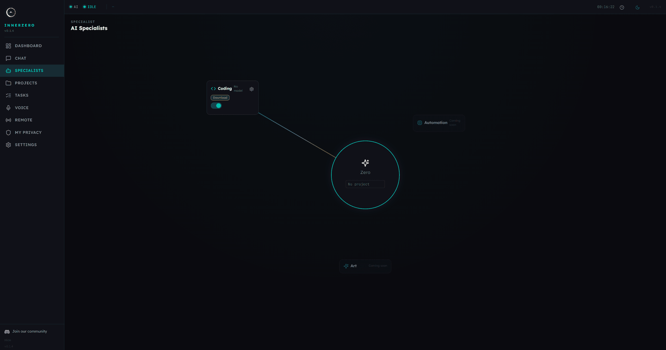 InnerZero AI Specialists page showing the Coding specialist agent connected to Zero, with Automation and Art specialists marked coming soon
