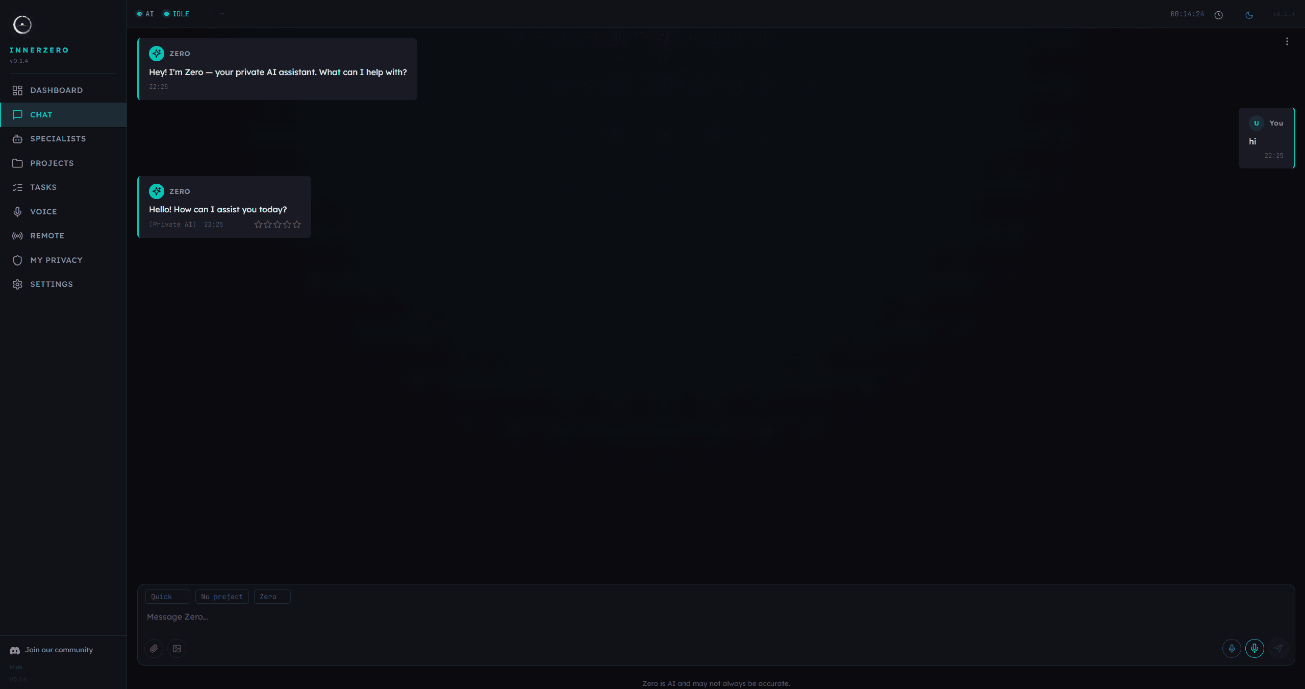 InnerZero chat interface showing a private AI conversation with Zero assistant running locally on a desktop PC