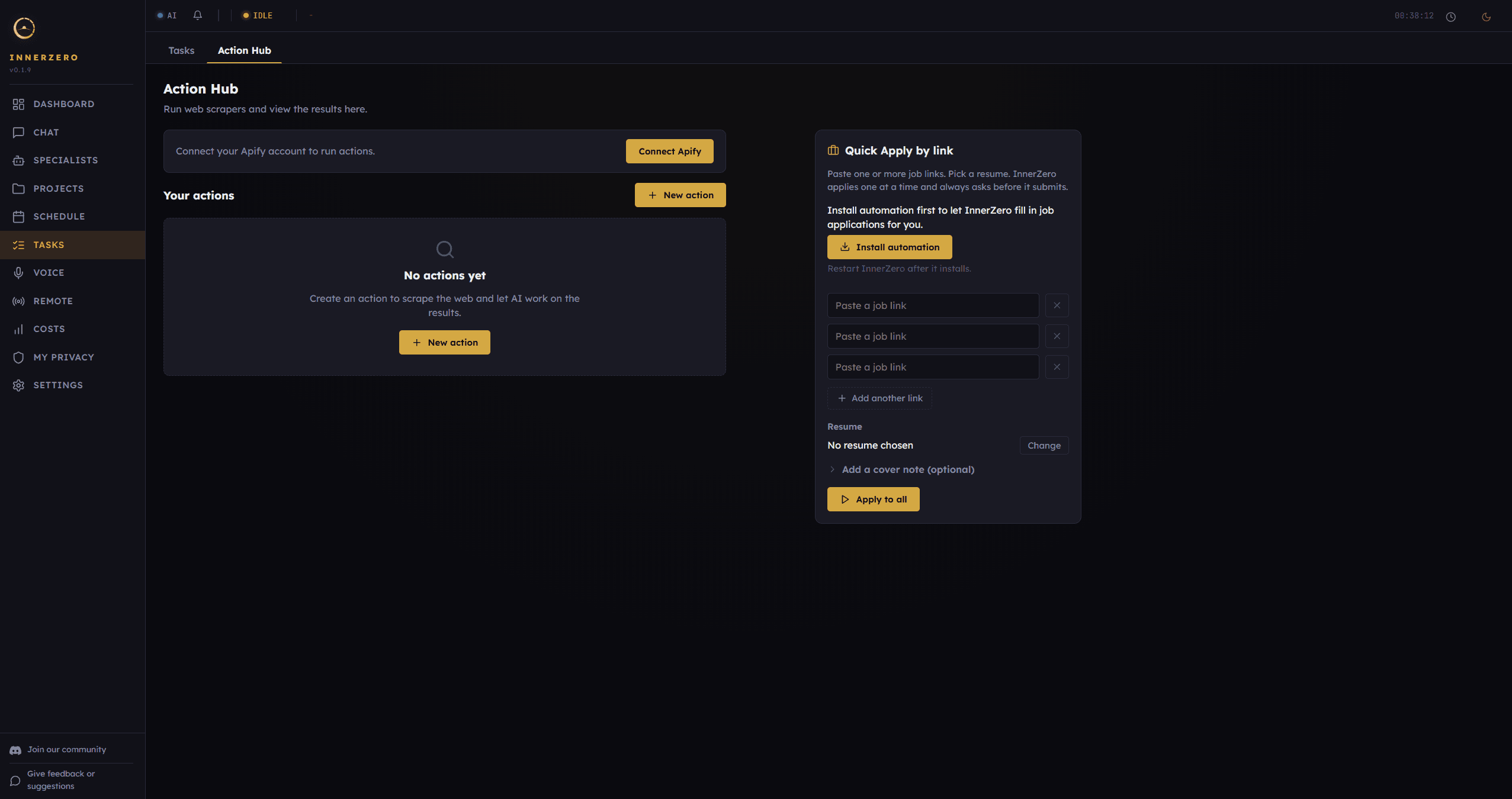 The InnerZero Action Hub with an actions list and a quick apply panel for pasting job links and choosing a resume
