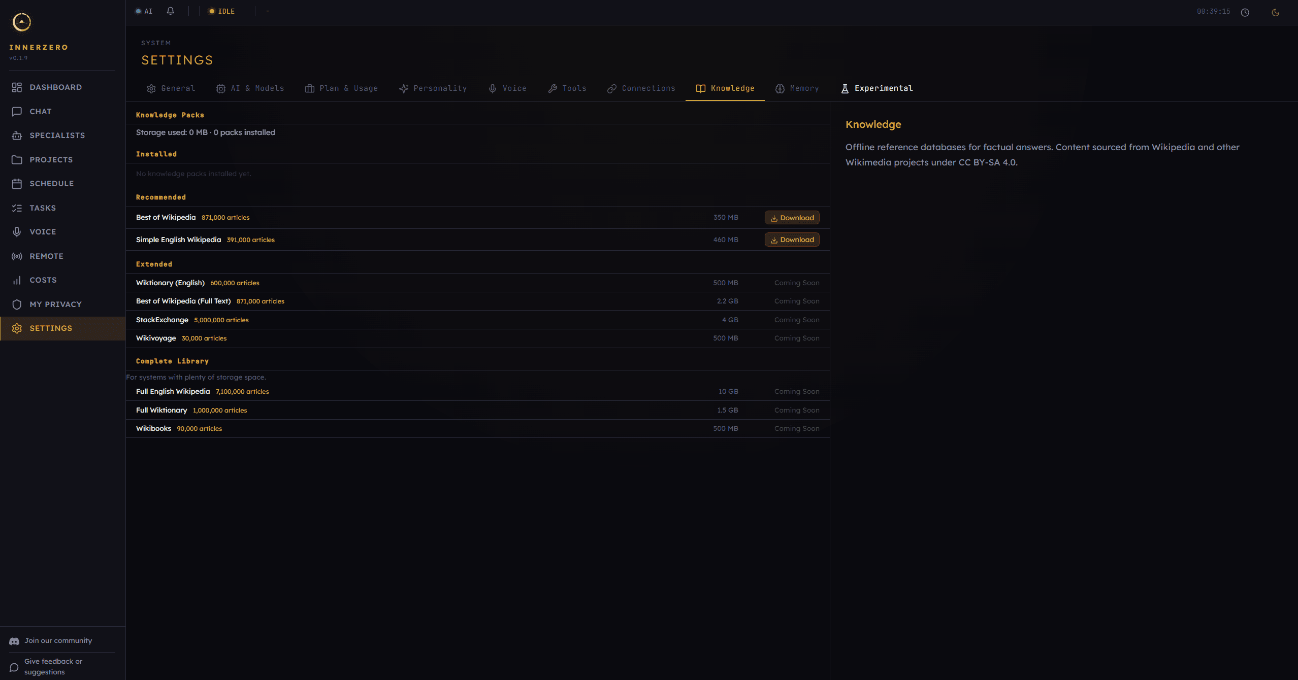 InnerZero knowledge pack settings listing downloadable Wikipedia packs with article counts and download sizes