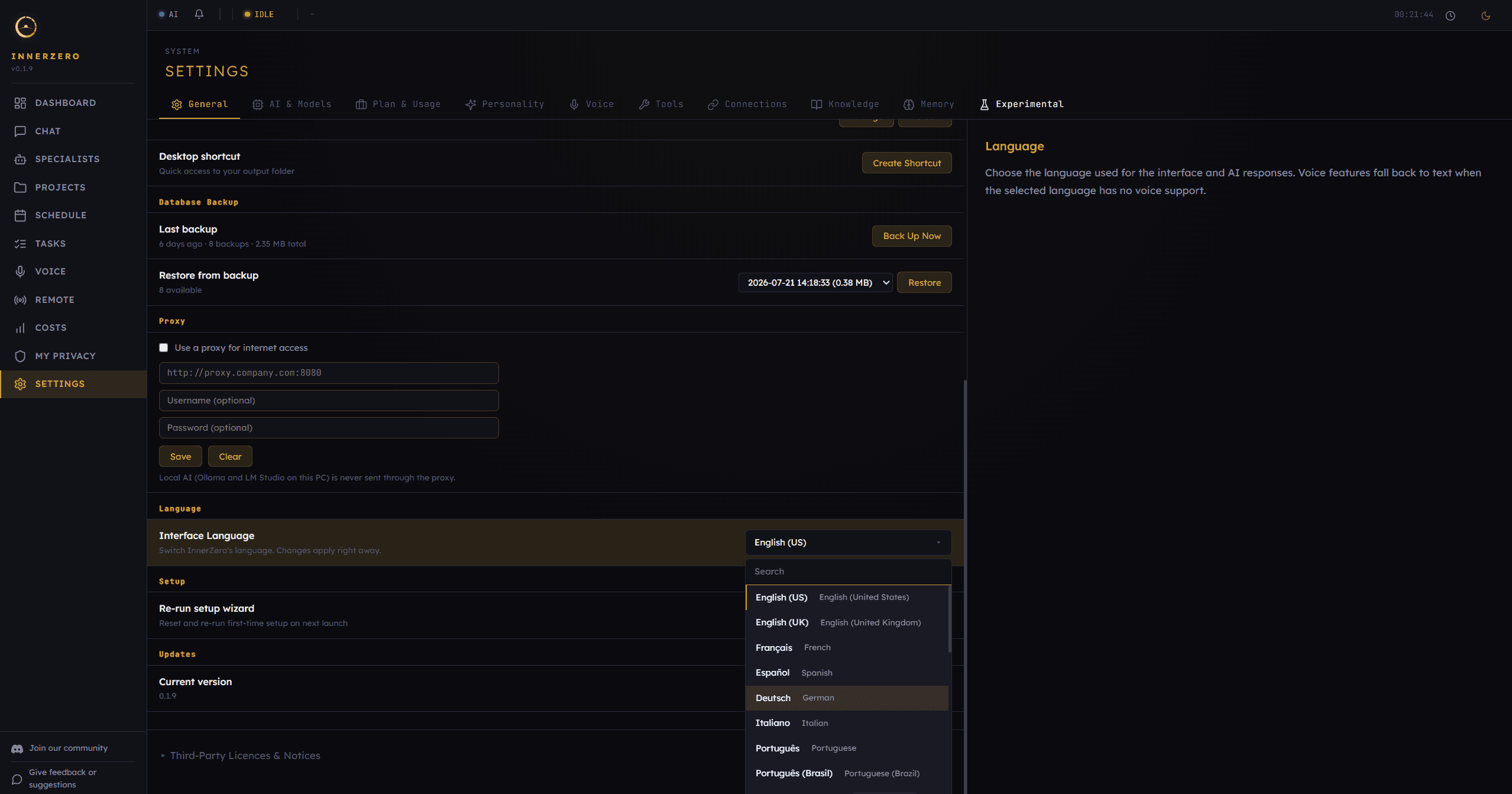 InnerZero settings with the interface language picker open, showing a searchable list including English, French, Spanish, German, Italian, and Portuguese