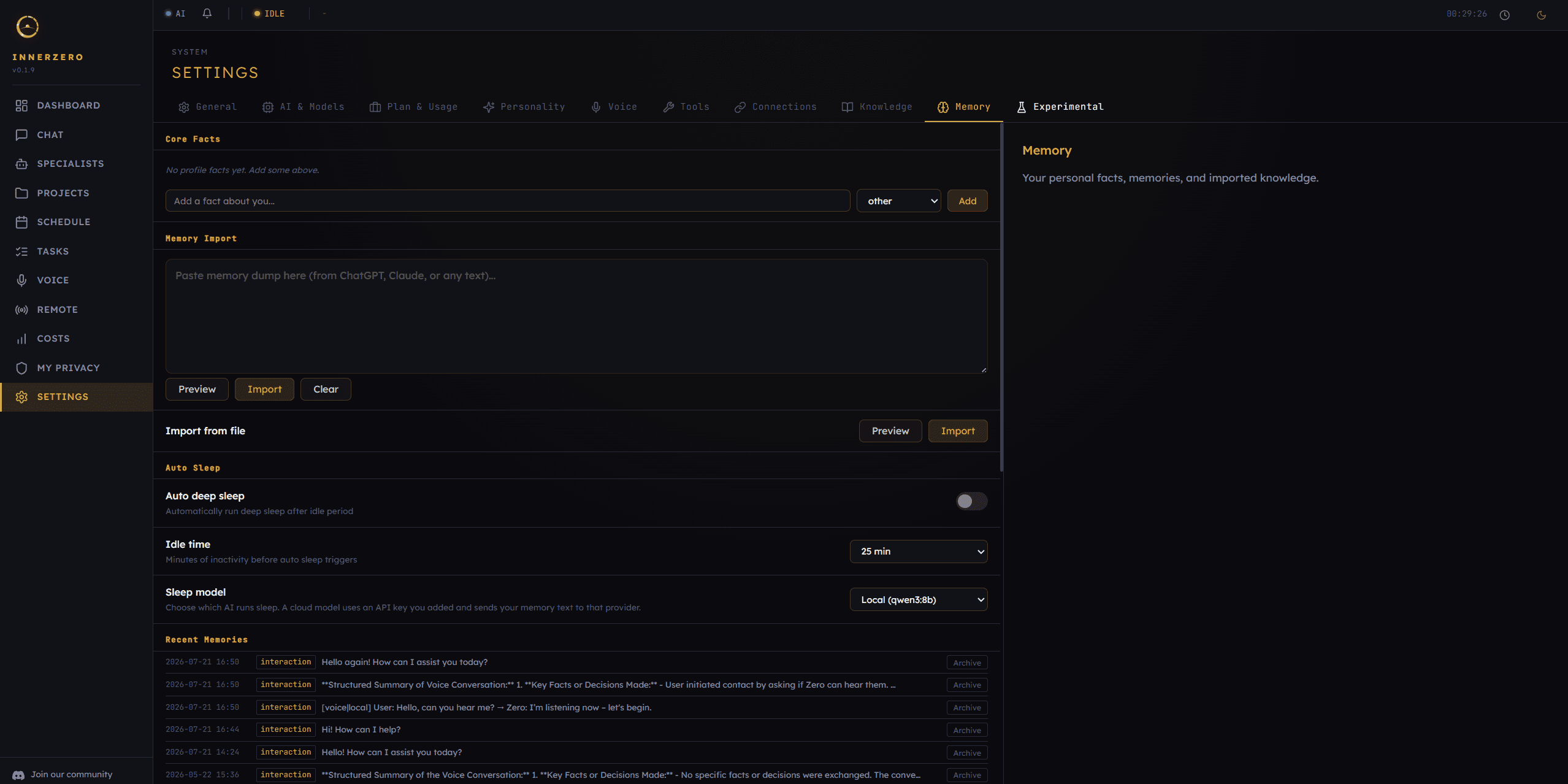 InnerZero memory settings showing core facts, memory import, automatic sleep processing options and a list of recent memories