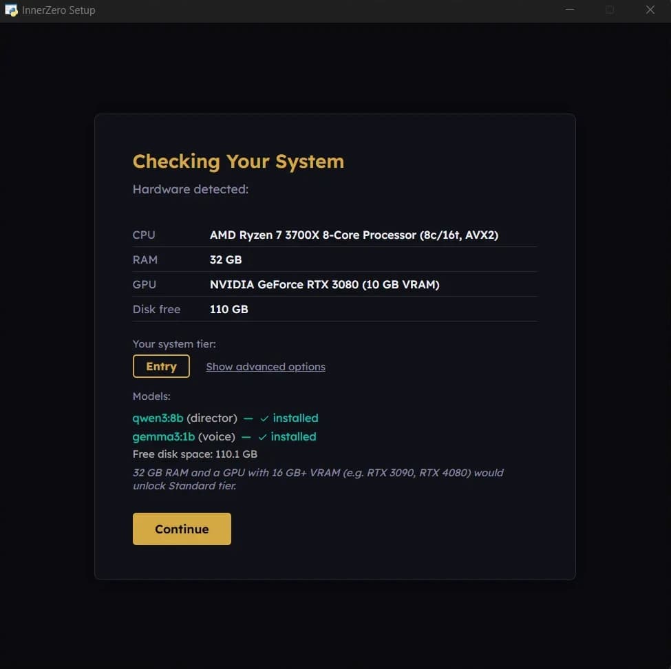 InnerZero setup wizard checking system hardware, showing detected CPU, RAM, GPU and disk space with the models it will install