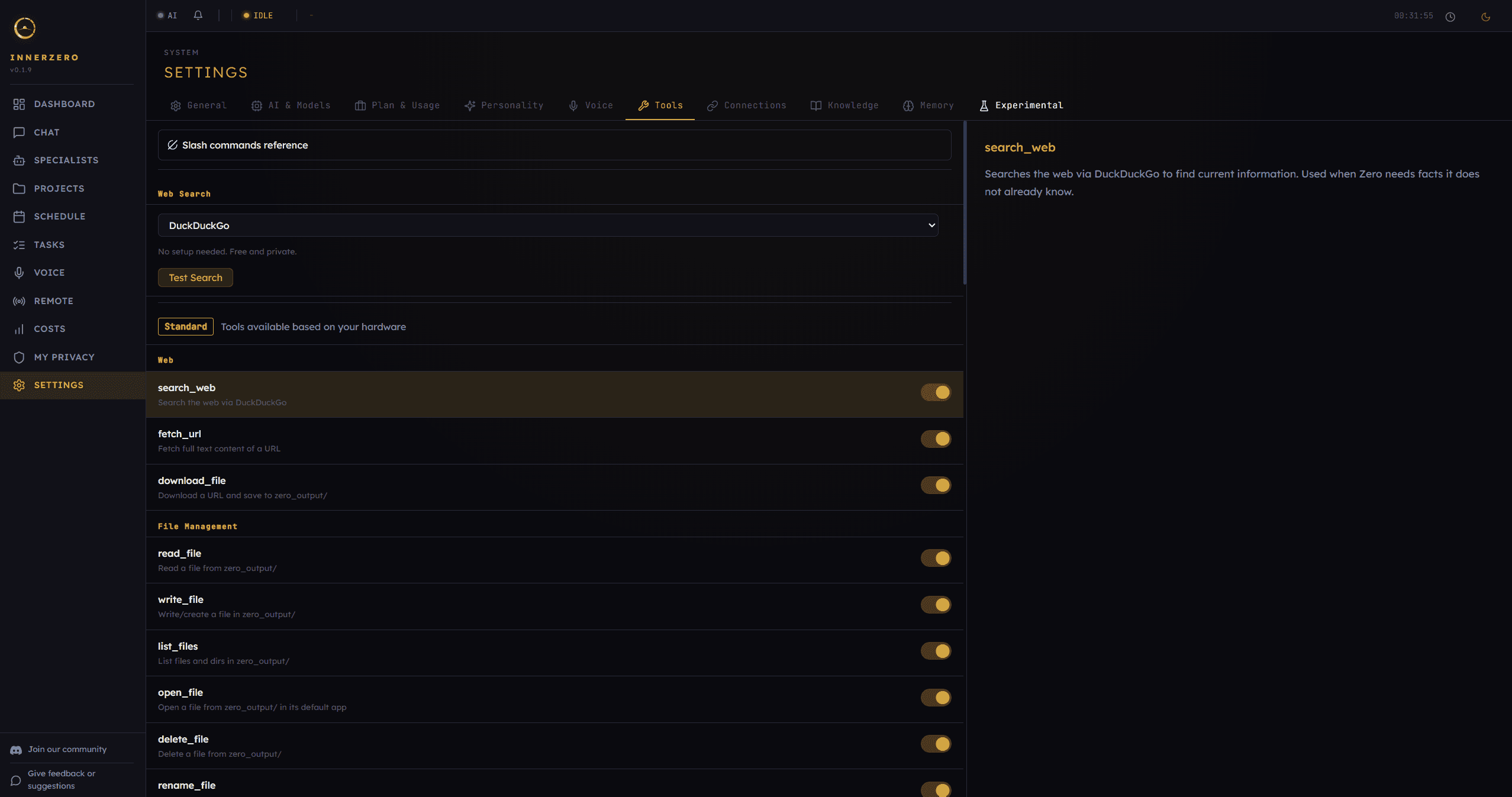 InnerZero tool settings showing individual toggles for web search, URL fetching and sandboxed file operations