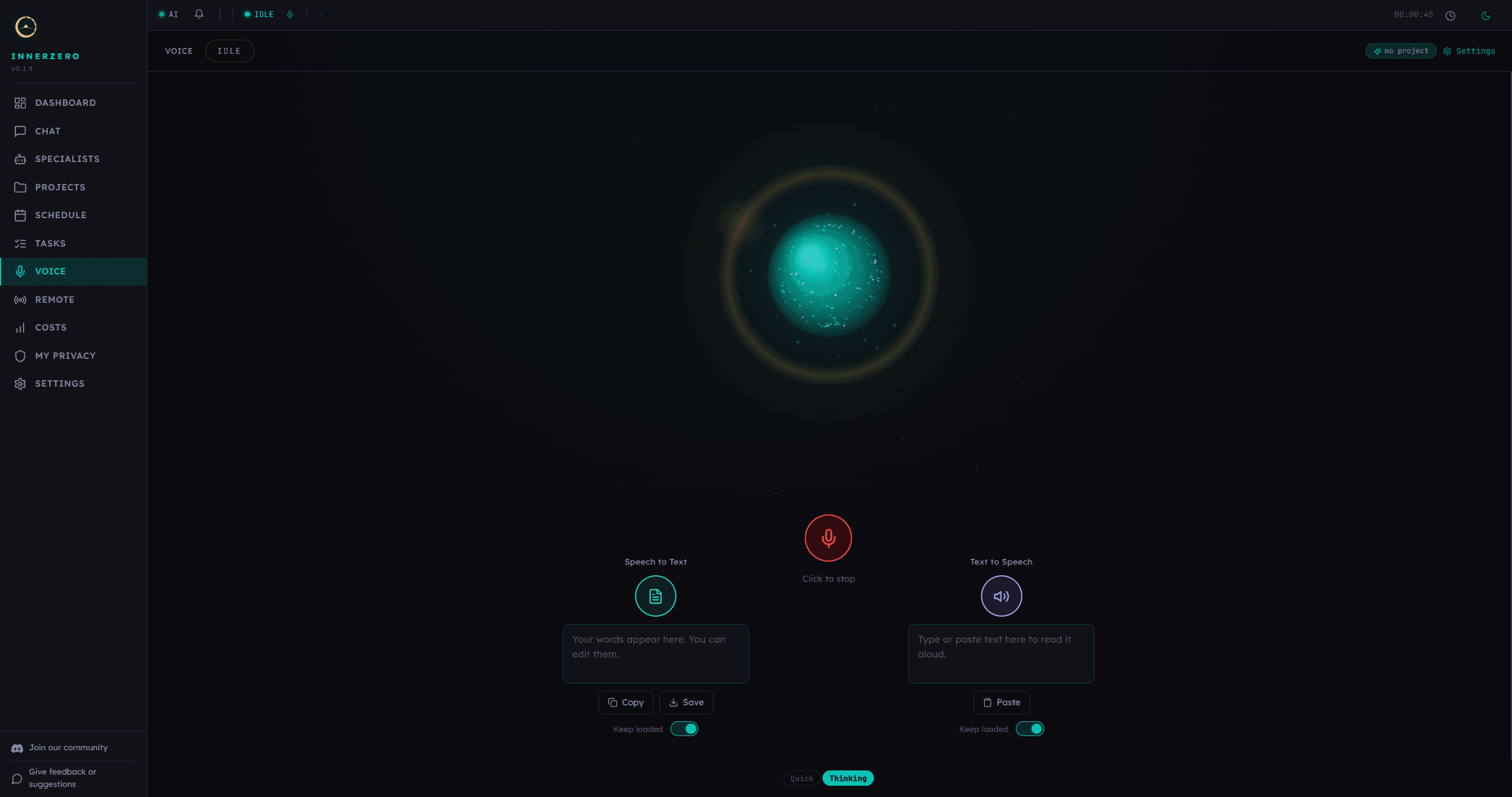 The InnerZero voice page with a central microphone control, a speech to text panel on the left and a text to speech panel on the right