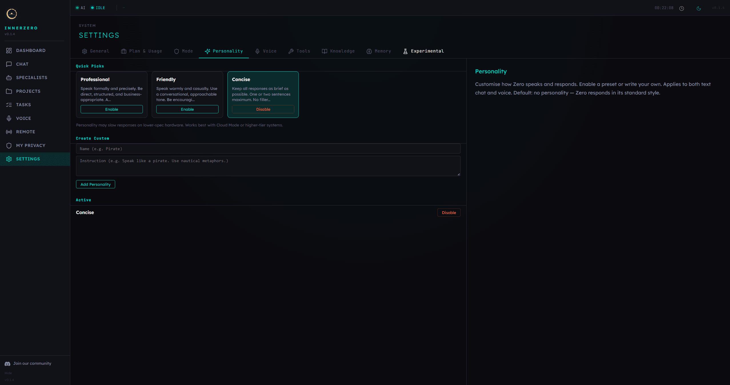 InnerZero personality settings with Professional, Friendly, and Concise presets plus a custom personality creation form